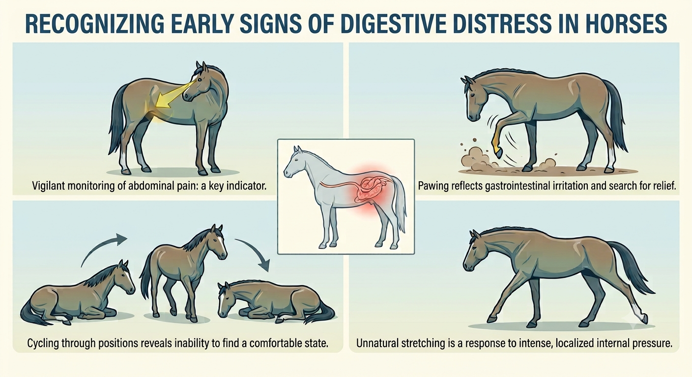 Early signs of digestive distress that may occur after a horse eats large amounts of cabbage or cauliflower.