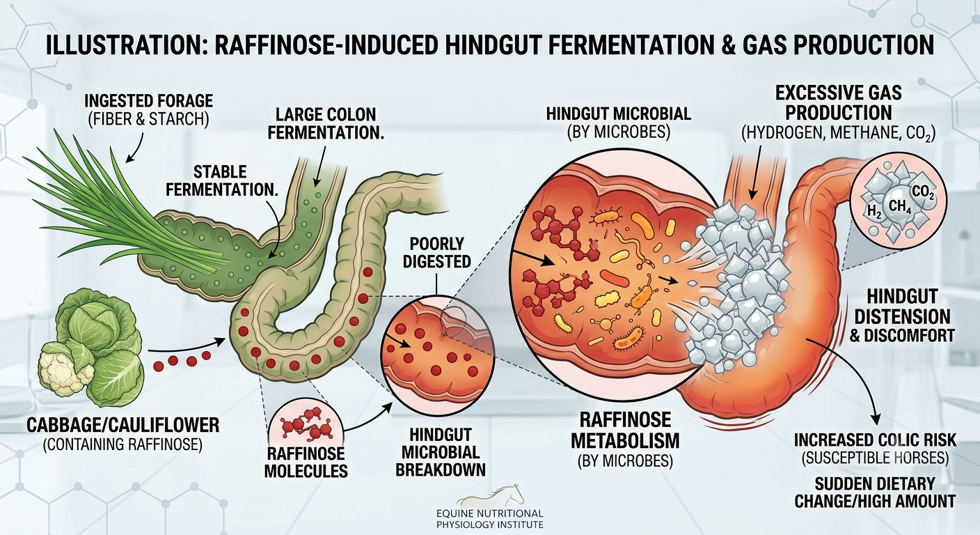 How raffinose in cabbage and cauliflower is broken down by hindgut microbes, producing gas that may contribute to digestive upset and colic risk in horses.