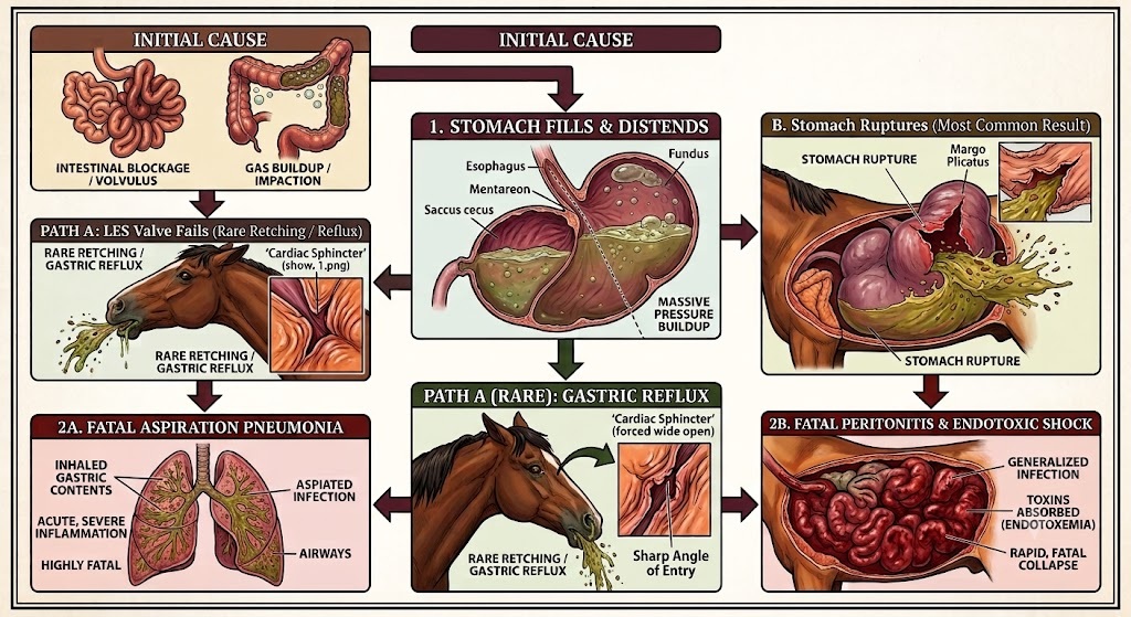 Cascading pathways of acute gastric distention.(PATH A) Gastric distention triggers the gastric reflex, forcing the lower esophageal sphincter (LES) open and leading to emesis and secondary aspiration pneumonia as shown in (2A). (PATH B) More commonly, severe intragastric pressure leads to gastric rupture, culminating in fatal peritonitis and endotoxic shock (2B).