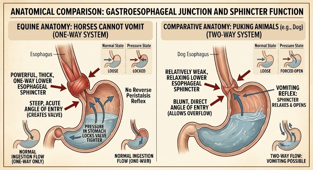 An anatomical illustration providing a side-by-side comparison of two types of stomachs: a horse's digestive tract featuring a sharp esophageal entry angle and strong sphincter that prevents vomiting, and the digestive anatomy of an animal capable of vomiting.