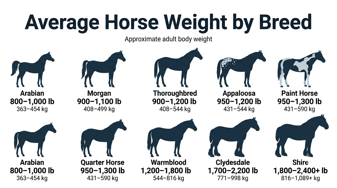 Illustration comparing the average weight ranges of common horse breeds, including Arabian, Thoroughbred, Quarter Horse, Warmblood, Clydesdale, and Shire horses.