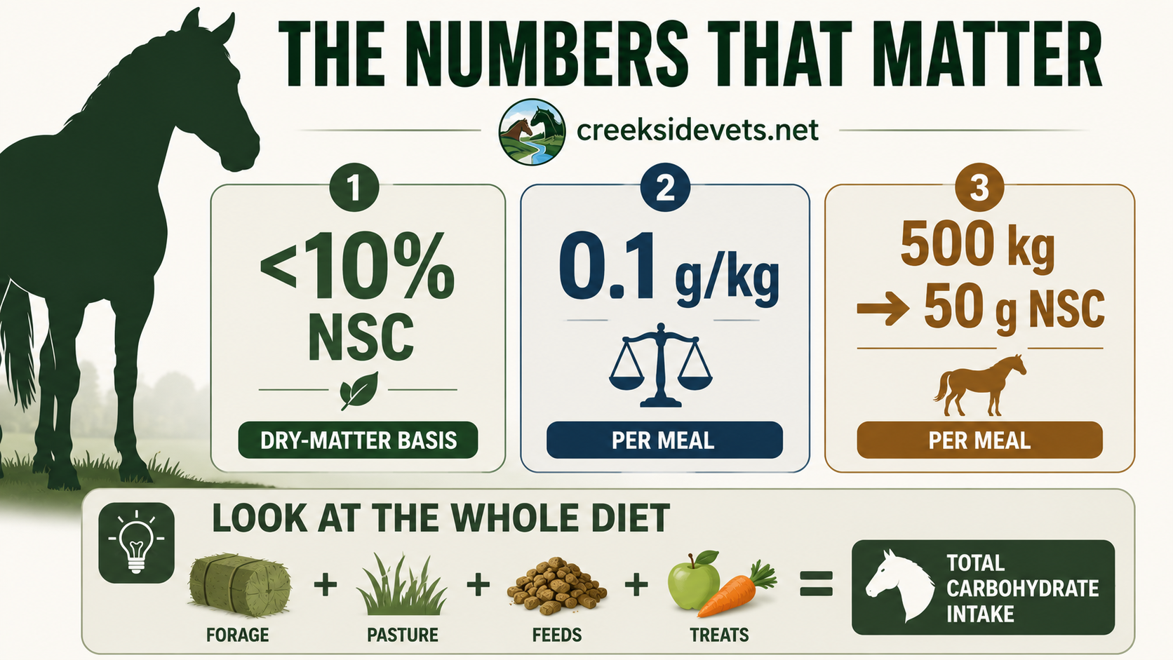Clinical breakdown of equine NSC dietary limits showing 10 percent NSC dry matter threshold and 0.1g per kg meal calculations for horses.