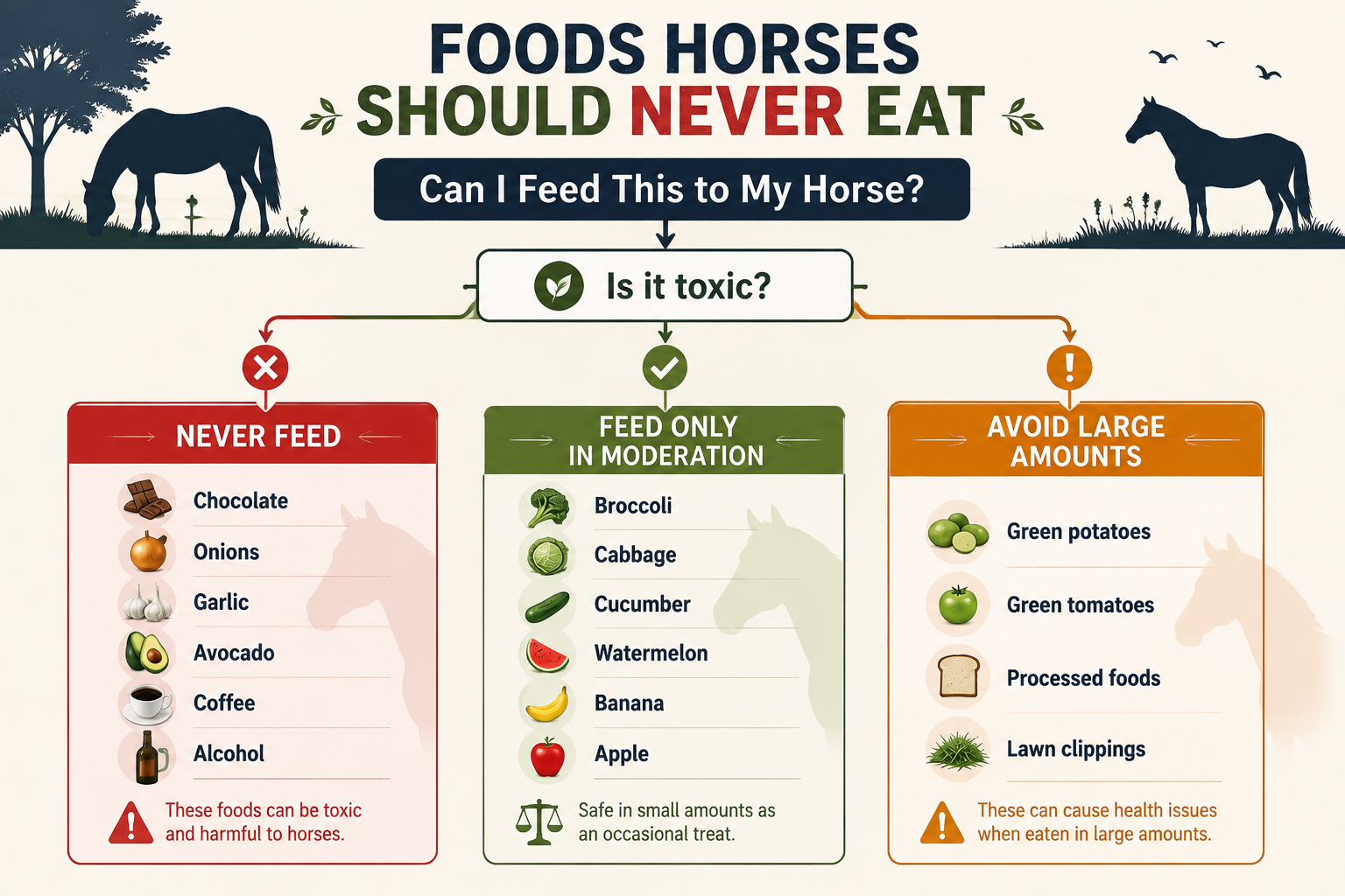 Foods horses should never eat decision chart showing toxic foods, moderation foods, and foods to avoid