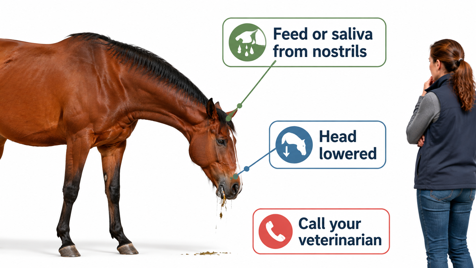 Horse showing signs of choke with feed and saliva coming from its nostrils