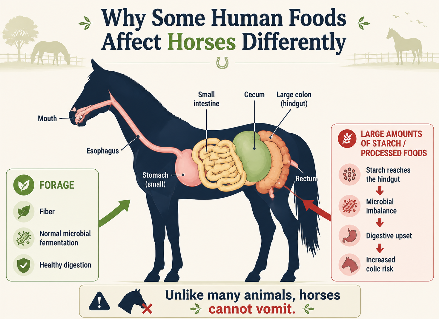 Horse digestive system showing how forage supports healthy digestion and how starch or processed foods can cause hindgut problems
