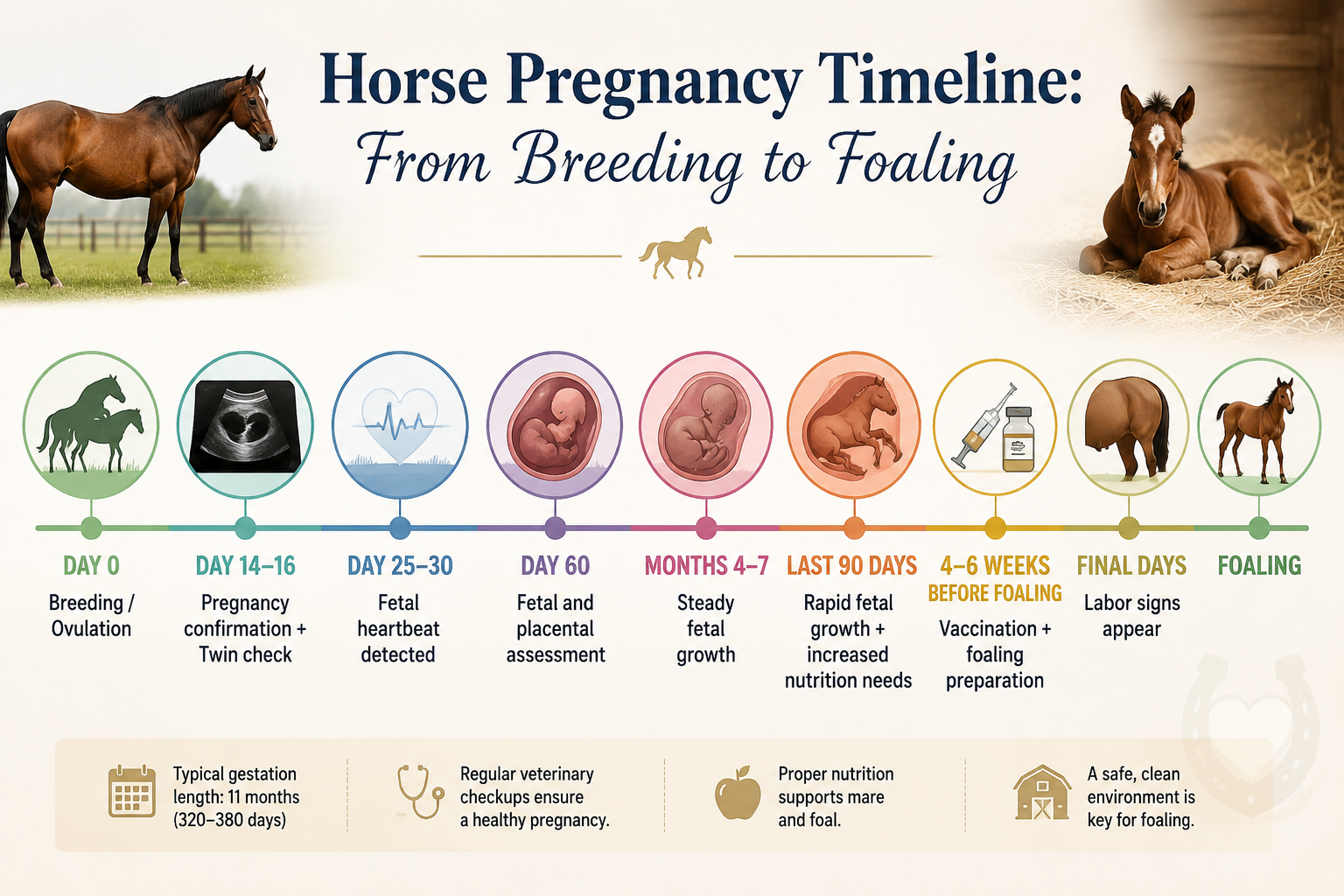 Horse pregnancy timeline showing stages from breeding and ovulation to pregnancy confirmation, fetal growth, foaling preparation, and birth