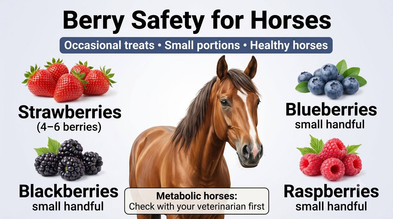 Horse-safe berry treats including blueberries, strawberries, raspberries, and blackberries