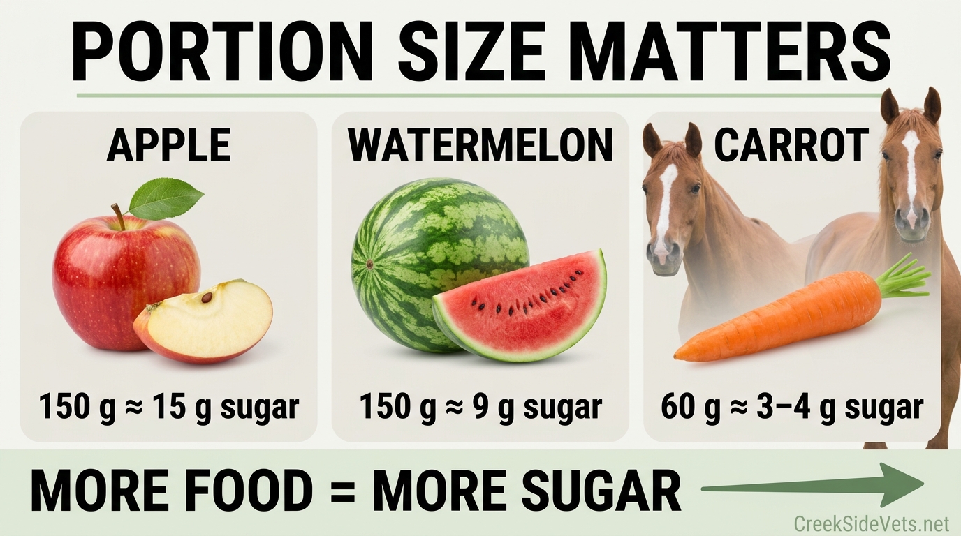 Comparison of sugar in common horse treat portions, showing 15 g in 150 g of apple, 9 g in 150 g of watermelon, and 3–4 g in a medium carrot