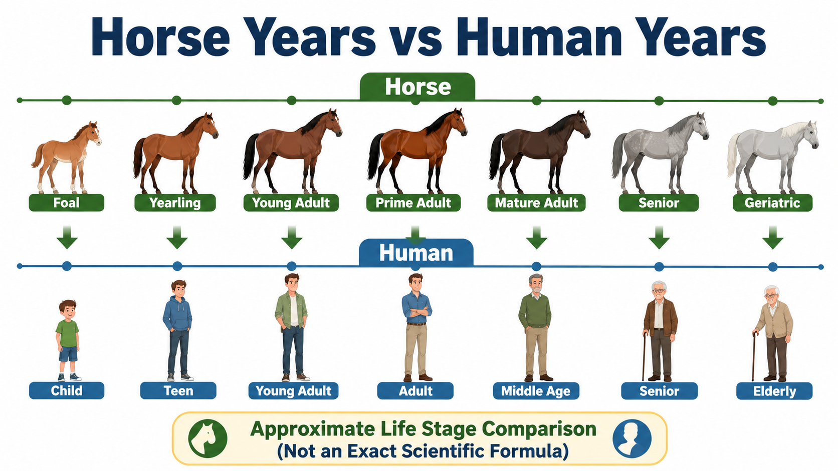 Horse Years vs Human Years infographic showing the comparison of horse life stages from foal to geriatric with matching human stages from child to elderly.