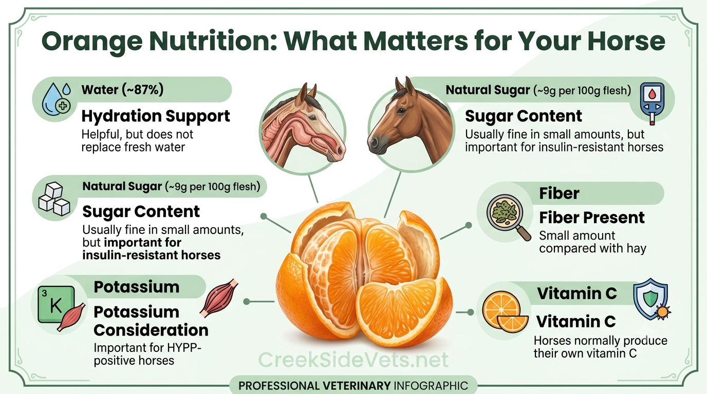 Veterinary infographic showing orange nutrition facts for horses, including sugar content, hydration benefits, fiber, and feeding precautions for horses with metabolic conditions.