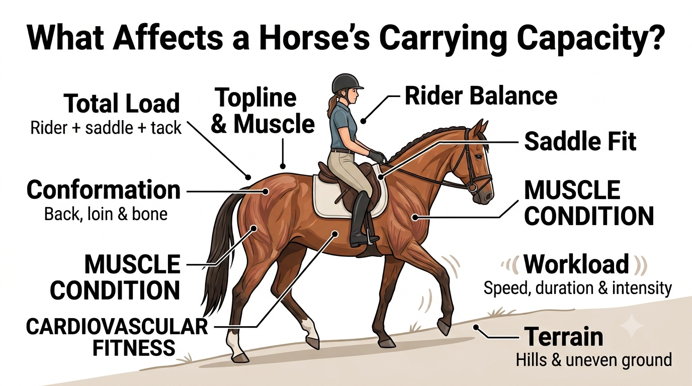 Horse carrying capacity factors infographic showing how total load, conformation, topline muscle, rider balance, saddle fit, fitness, workload, and terrain influence a horse’s ability to carry a rider.