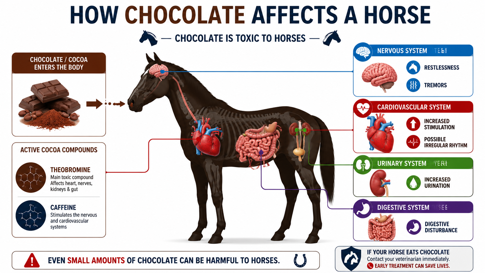 Creekside Vets' infographic showing how chocolate affects a horse's body, including cardiovascular, nervous, urinary, and digestive system effects of theobromine and caffeine