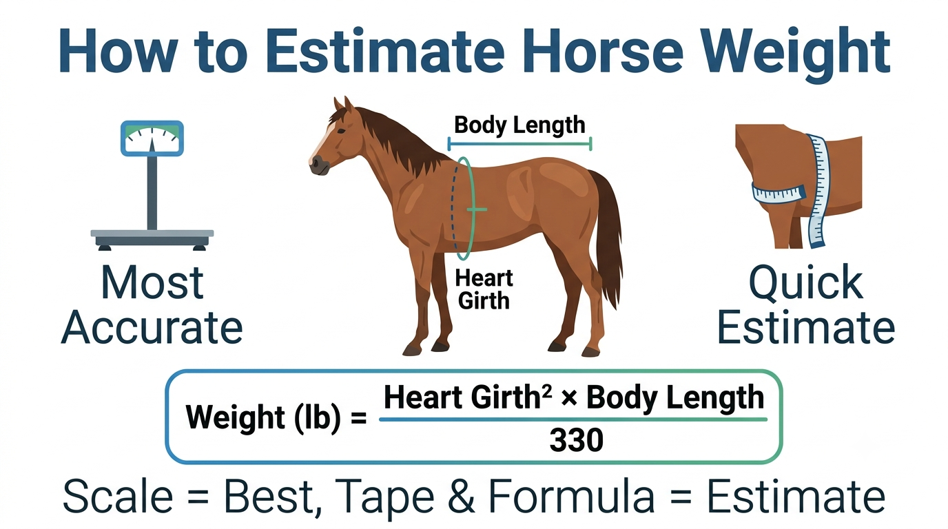 Infographic showing how to estimate horse weight using a scale, heart girth and body length measurements, and the horse weight formula.
