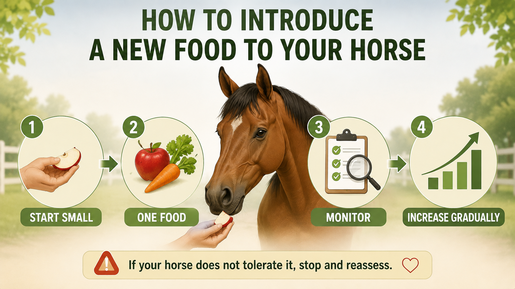Illustration showing four steps for introducing a new food to a horse: start small, introduce one food at a time, monitor the horse, and increase gradually.