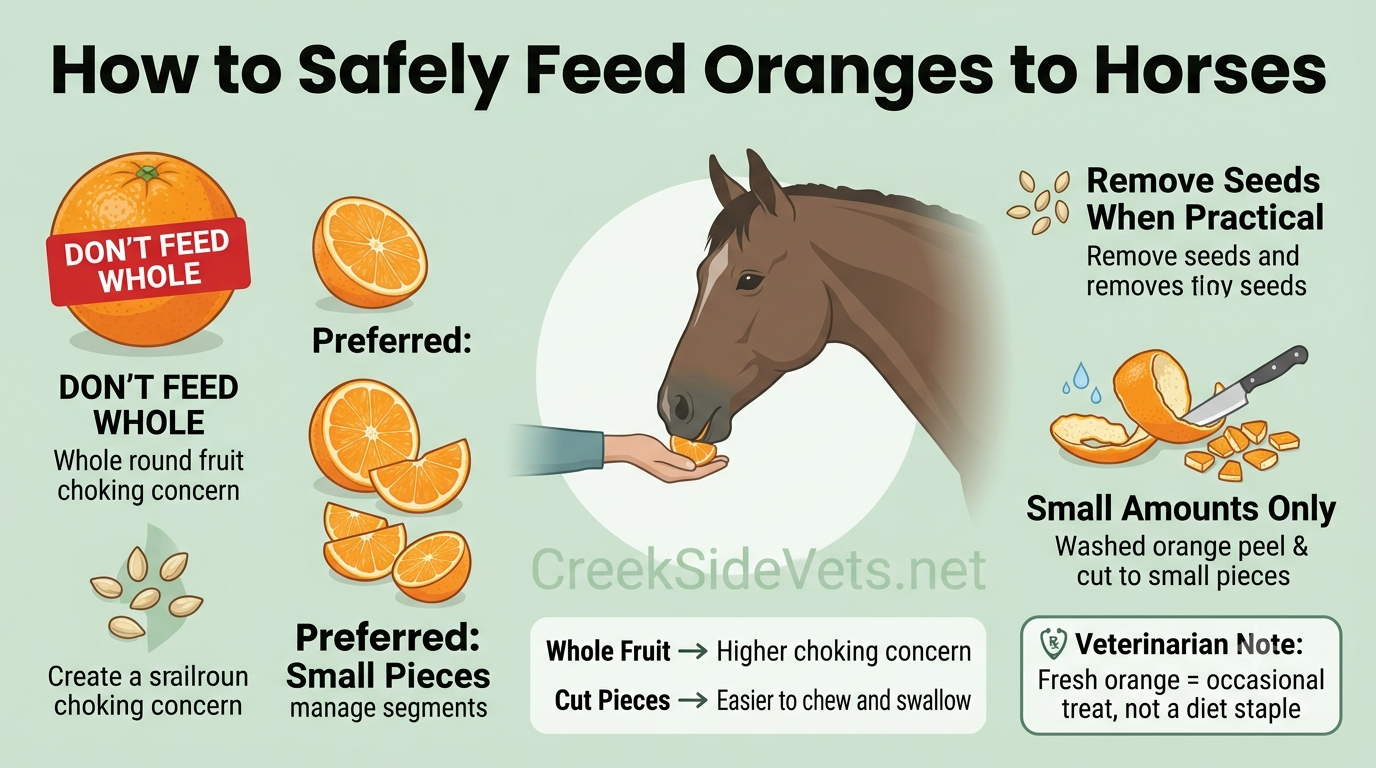 Veterinary infographic showing how to safely feed oranges to horses, including cutting oranges into small pieces, removing seeds, avoiding whole oranges, and offering citrus as an occasional treat.