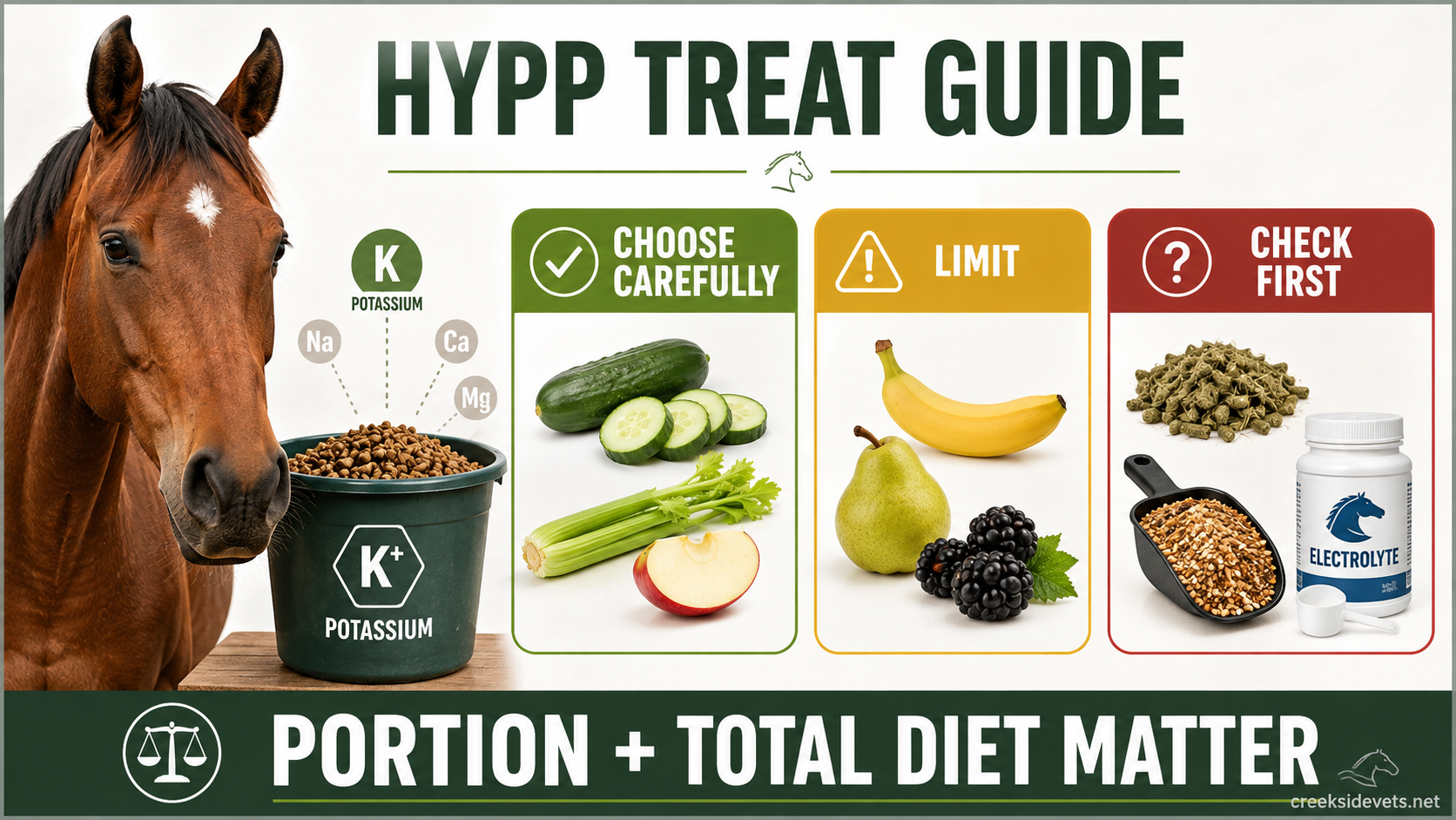 HYPP horse treat guide showing foods to choose carefully, limit, or check first