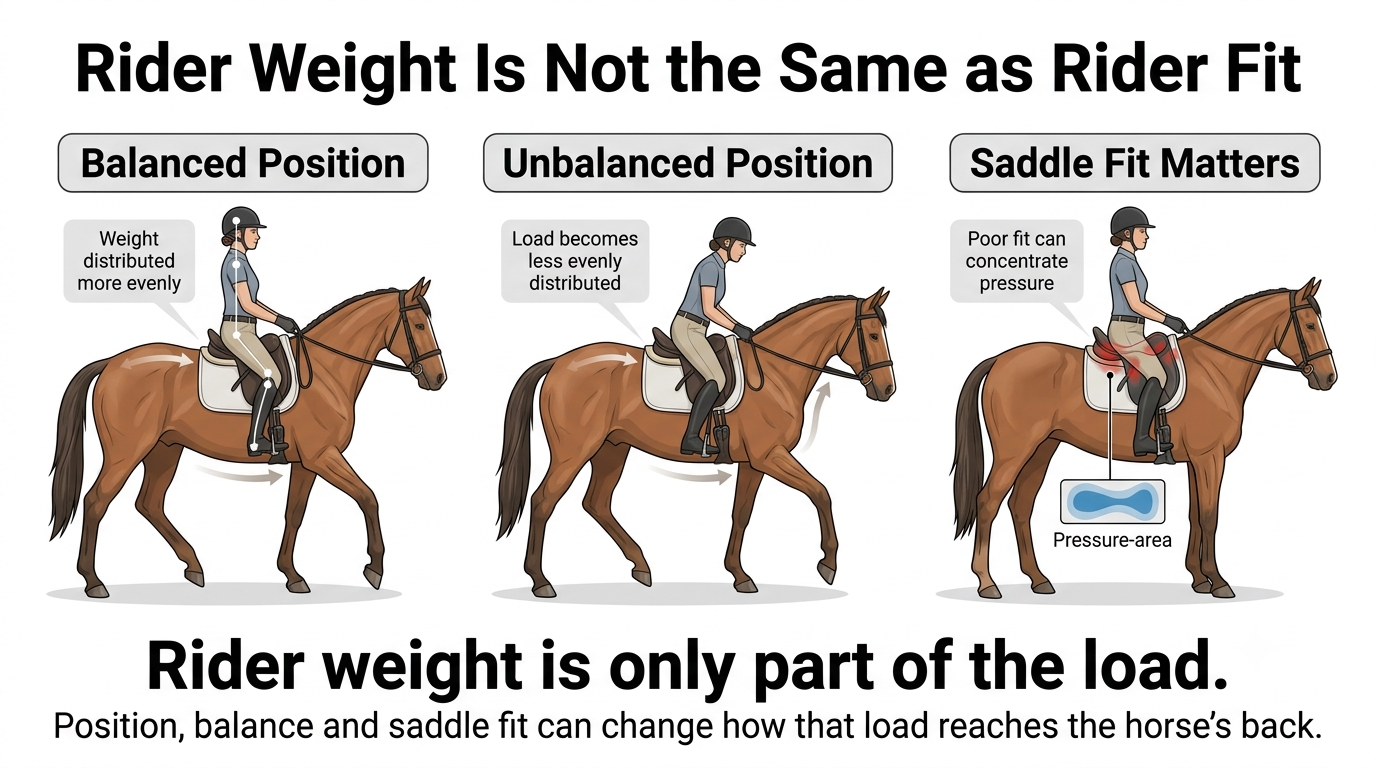 Horse carrying capacity infographic showing how rider balance, saddle fit, conformation, muscle condition, fitness, workload, and terrain affect a horse’s ability to carry weight.