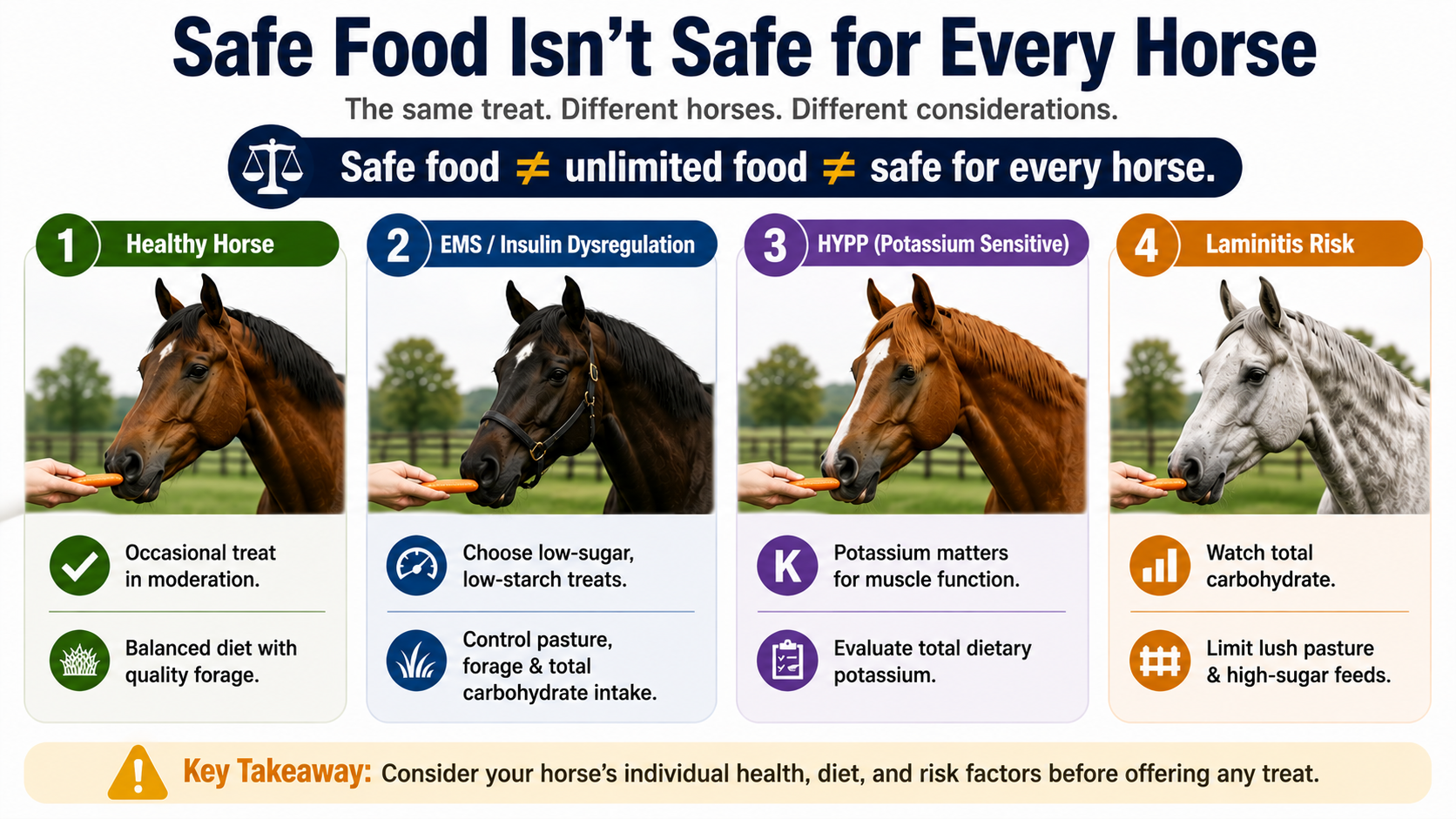 Safe food is not safe for every horse, showing different feeding considerations for healthy horses, EMS, HYPP, and laminitis risk.