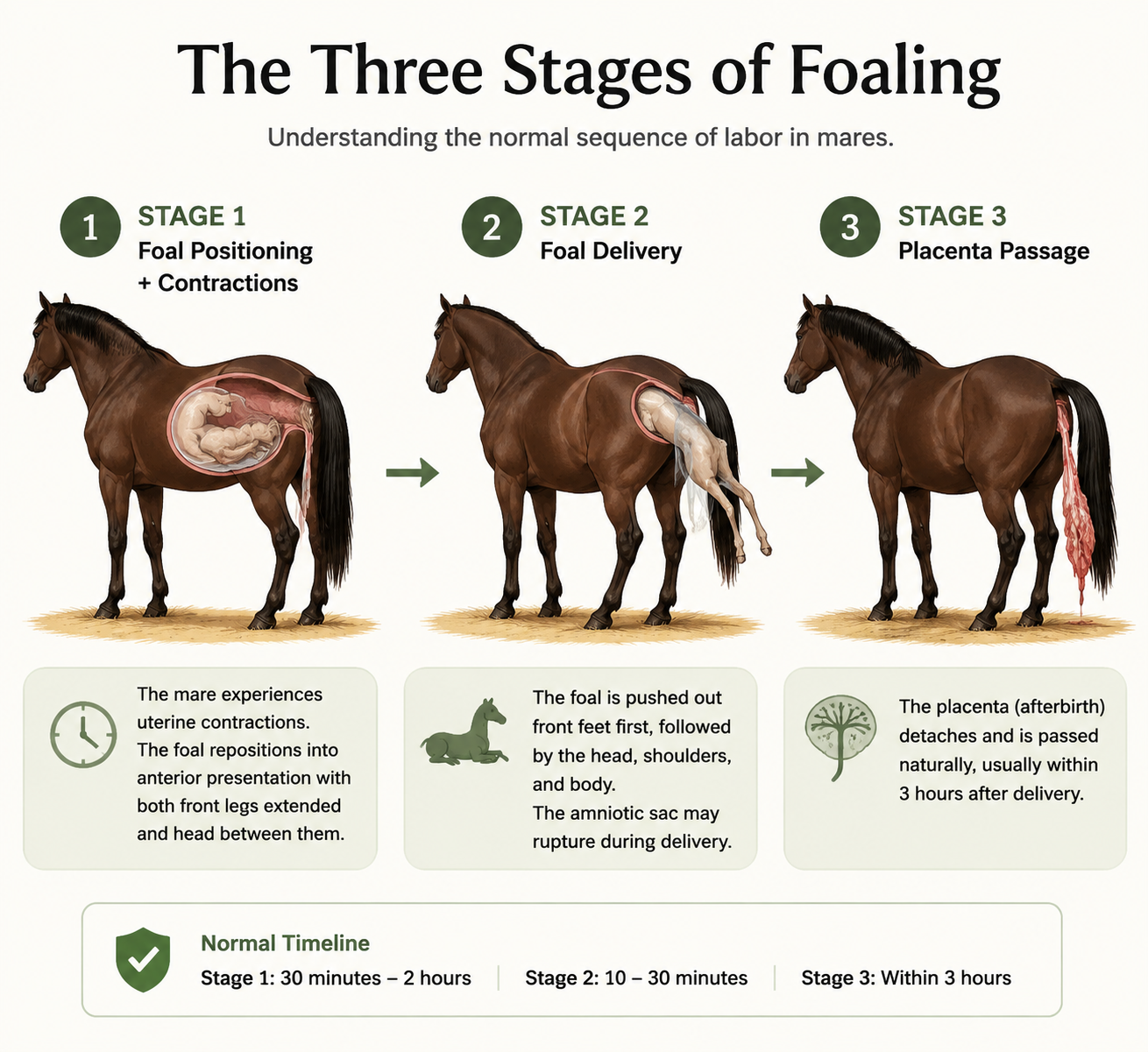 Three stages of labor in horses showing foal positioning, delivery, and placenta passage