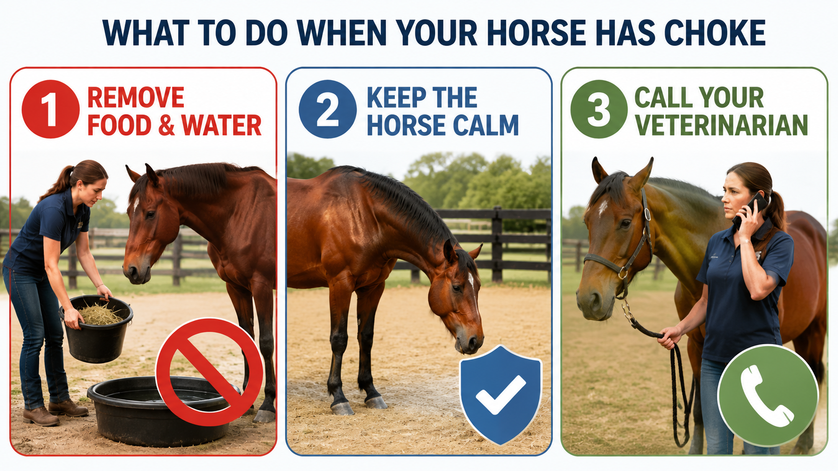 Steps to take when a horse has choke: remove food and water, keep the horse calm, and call a veterinarian