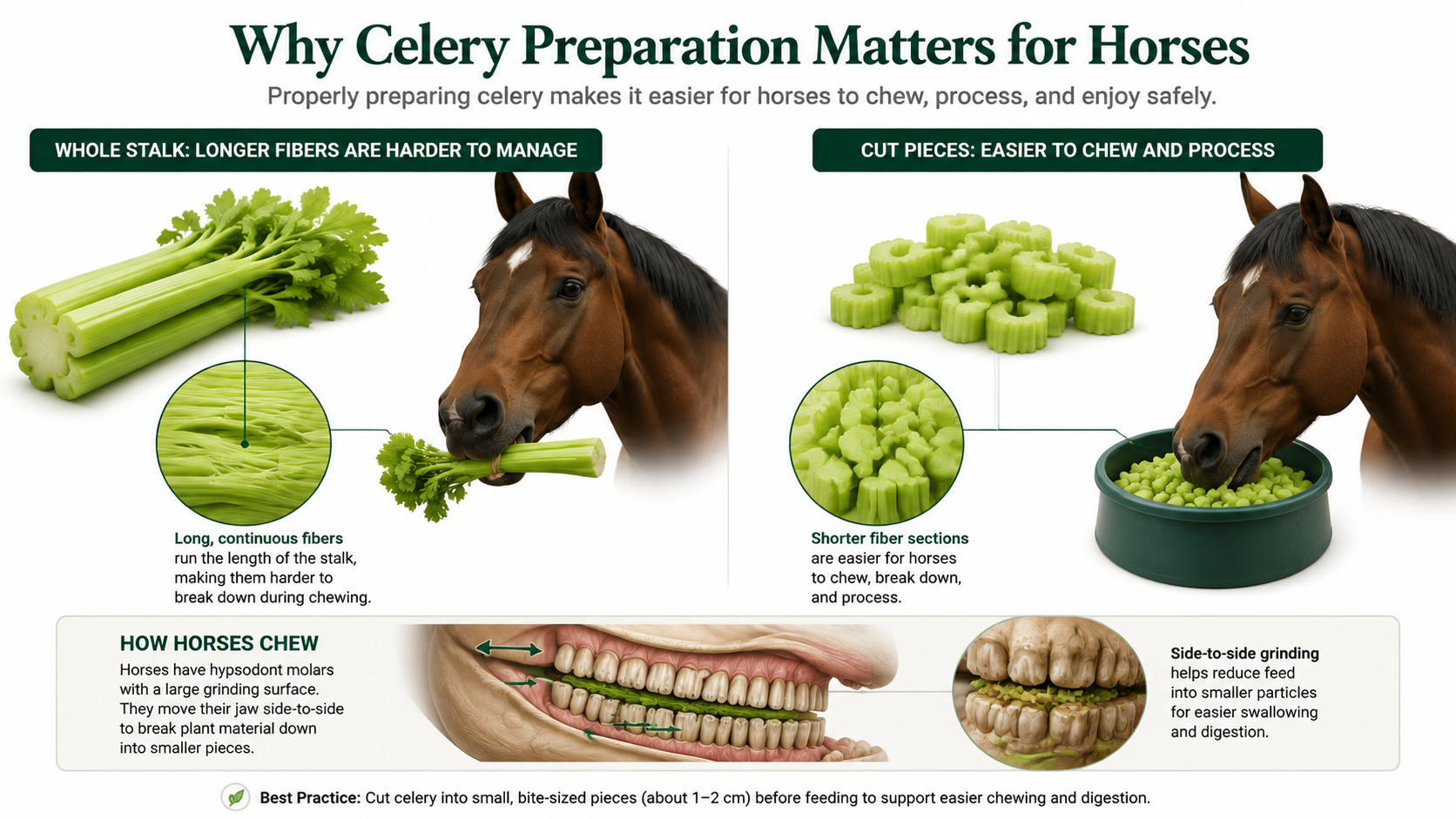 Veterinary infographic showing why celery should be cut before feeding horses, comparing whole celery stalk fibers with smaller cut pieces
