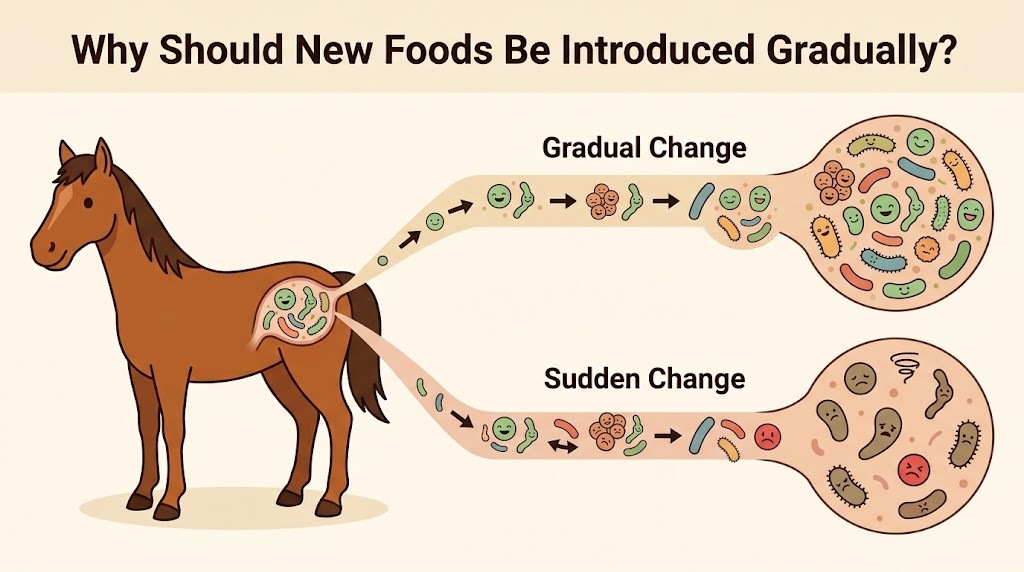 Illustration showing a horse’s hindgut adapting to gradual dietary changes compared with digestive upset from a sudden food change.