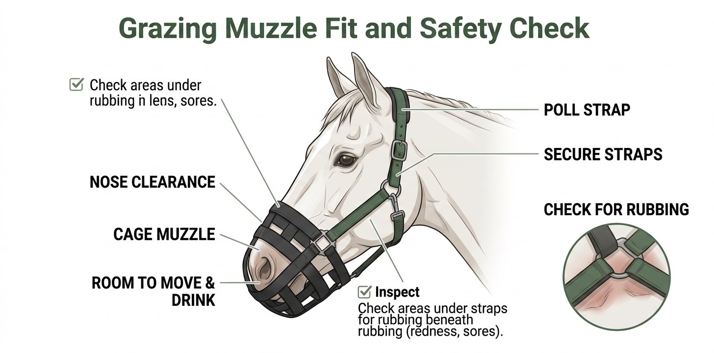 iagram showing grazing muzzle fit, strap placement, nose clearance, and areas to check for rubbing on a horse