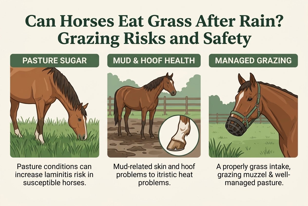 Infographic showing pasture sugar and laminitis risk, muddy ground and hoof health, and managed grazing for horses.